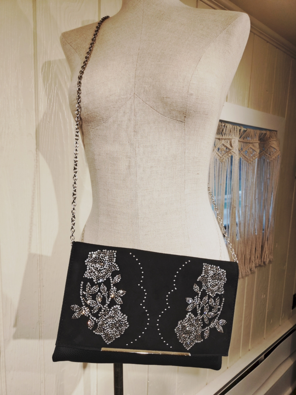 Black Floral Embellished Crossbody Clutch